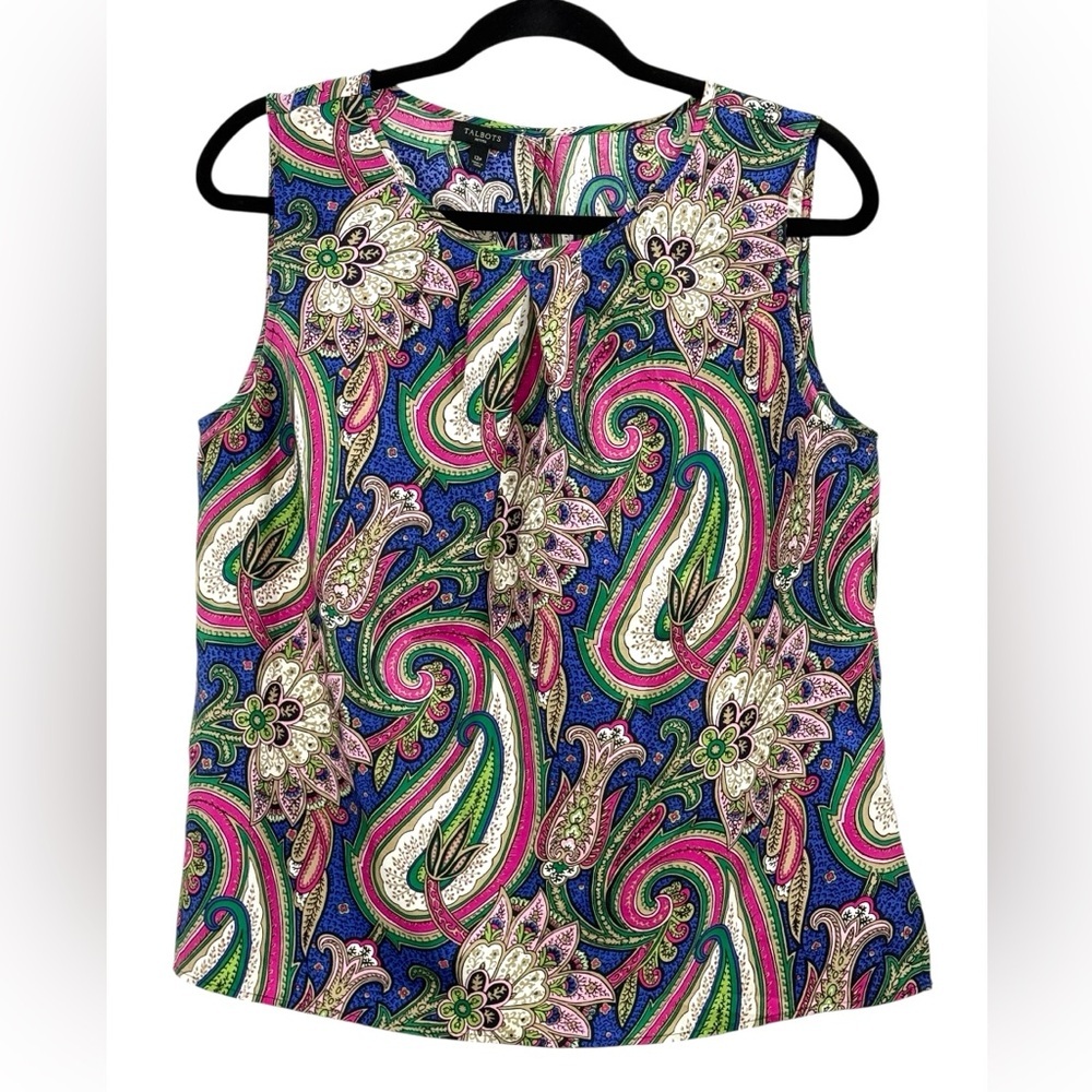 Talbots 100% Silk Paisley Floral Sleeveless Blue Pink Green Luxury Top, 12P - Picture 1 of 10